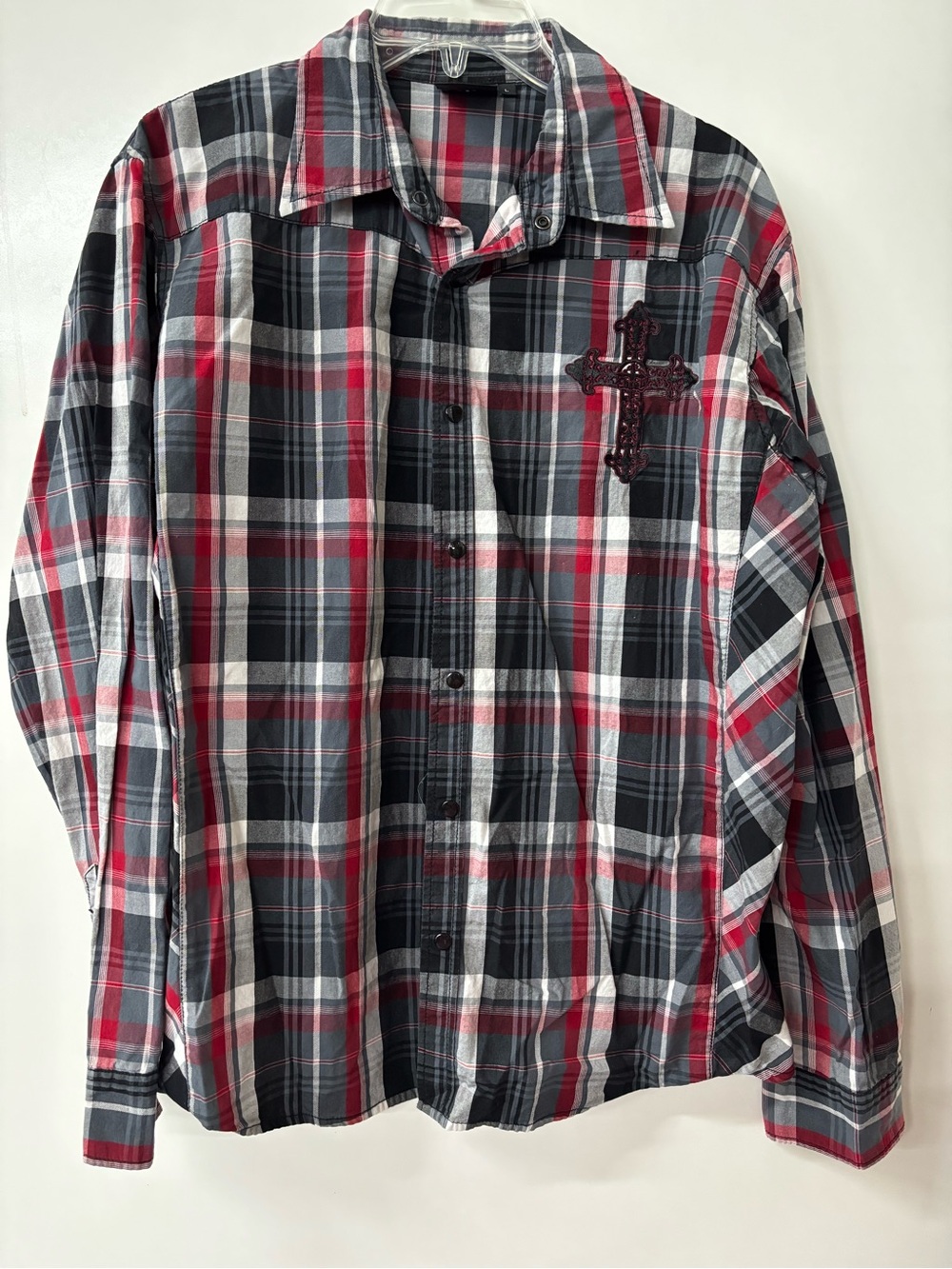 Men's Red, Black & White Plaid Button-Down Shirt with Chest Cross Accent